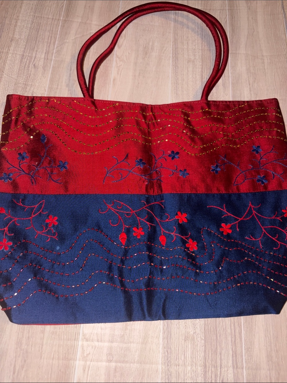 Red and Navy Floral Tote Bag by